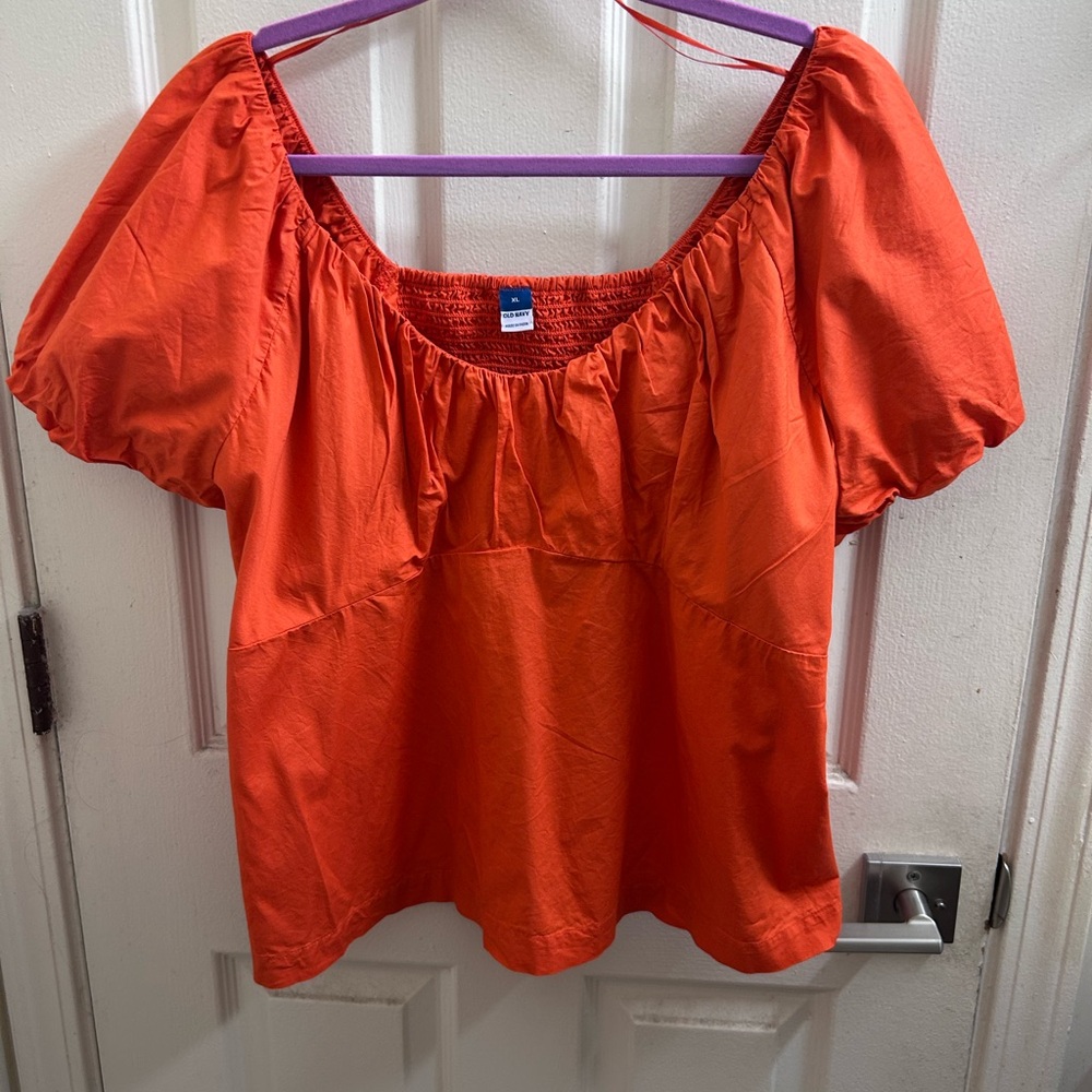 Old Navy Bright Orange Blouse with Puff Sleeves